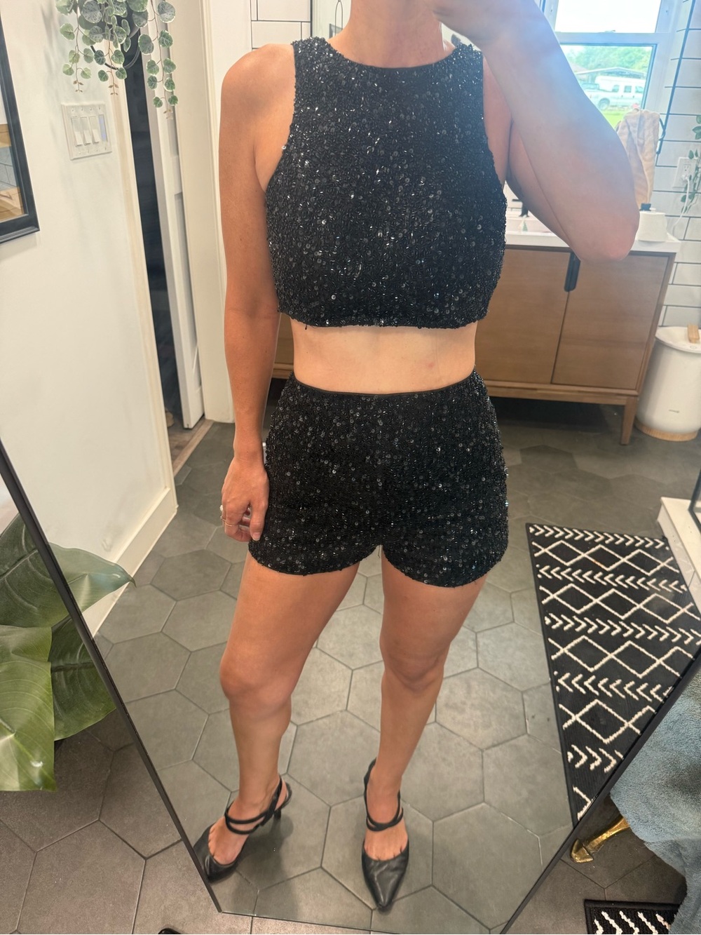 Mac Duggal Black Sequin High-Waist Shorts Set